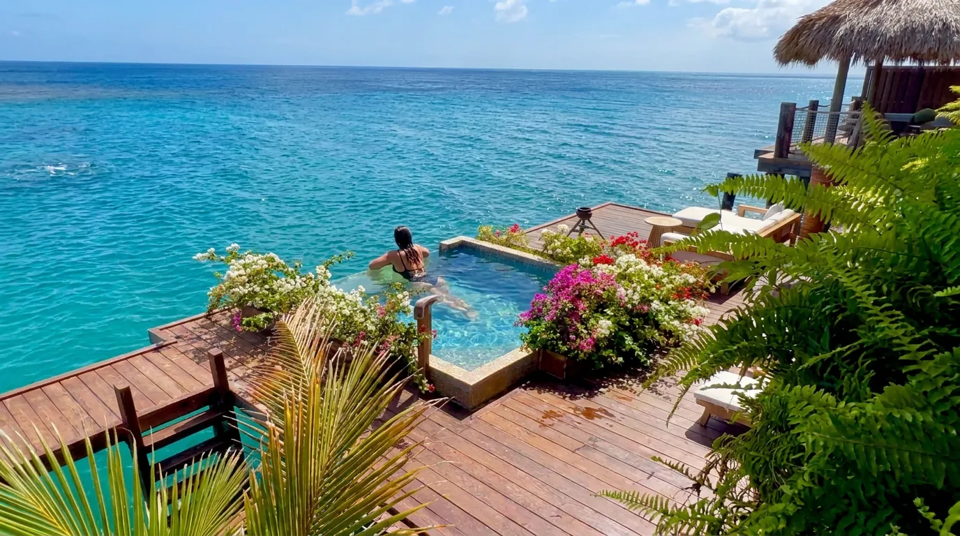 A woman rests in a plunge pool on a wooden overwater deck framed by colorful bougainvillea overlooking turquoise sea waters in Aruba.