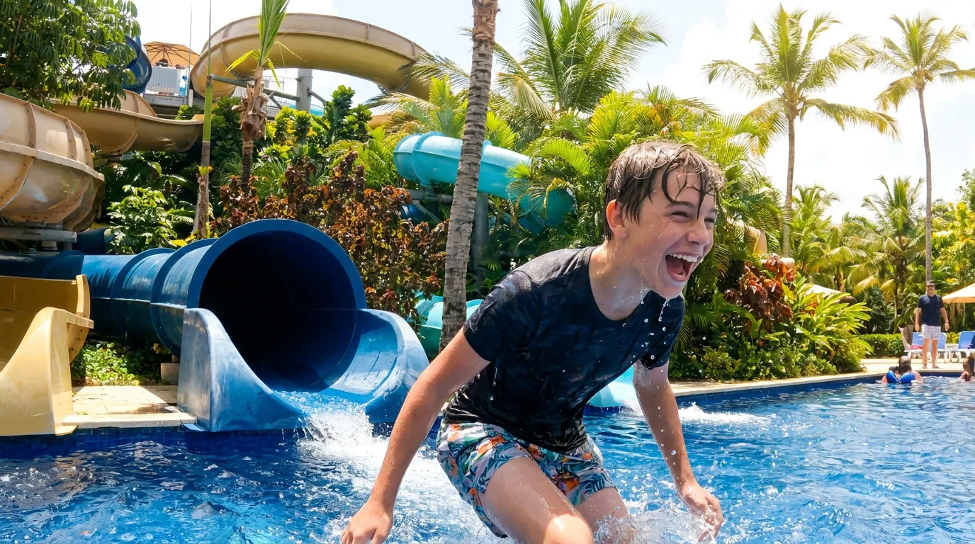 A laughing boy splashes into a resort swimming pool beneath colorful water slides and tropical palm trees in Punta Cana.
