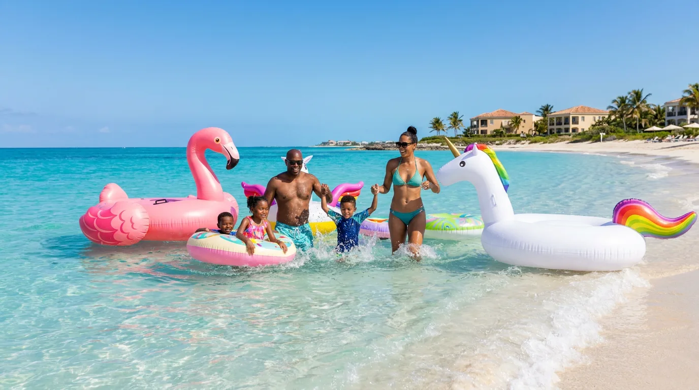 A family wades through shallow turquoise waters with colorful inflatable floats along a sunny beach in Turks and Caicos.