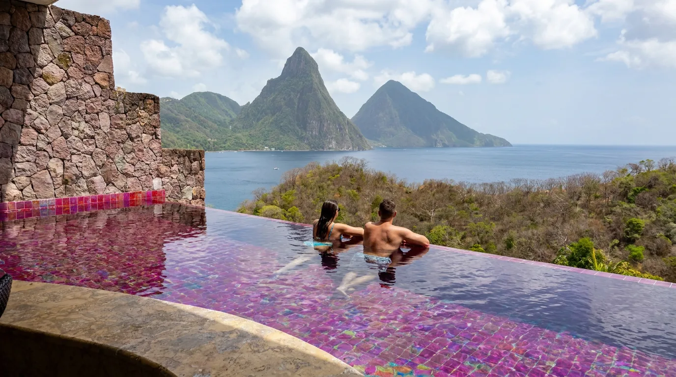 A couple rests in an infinity pool overlooking the Pitons and the sea in Saint Lucia.