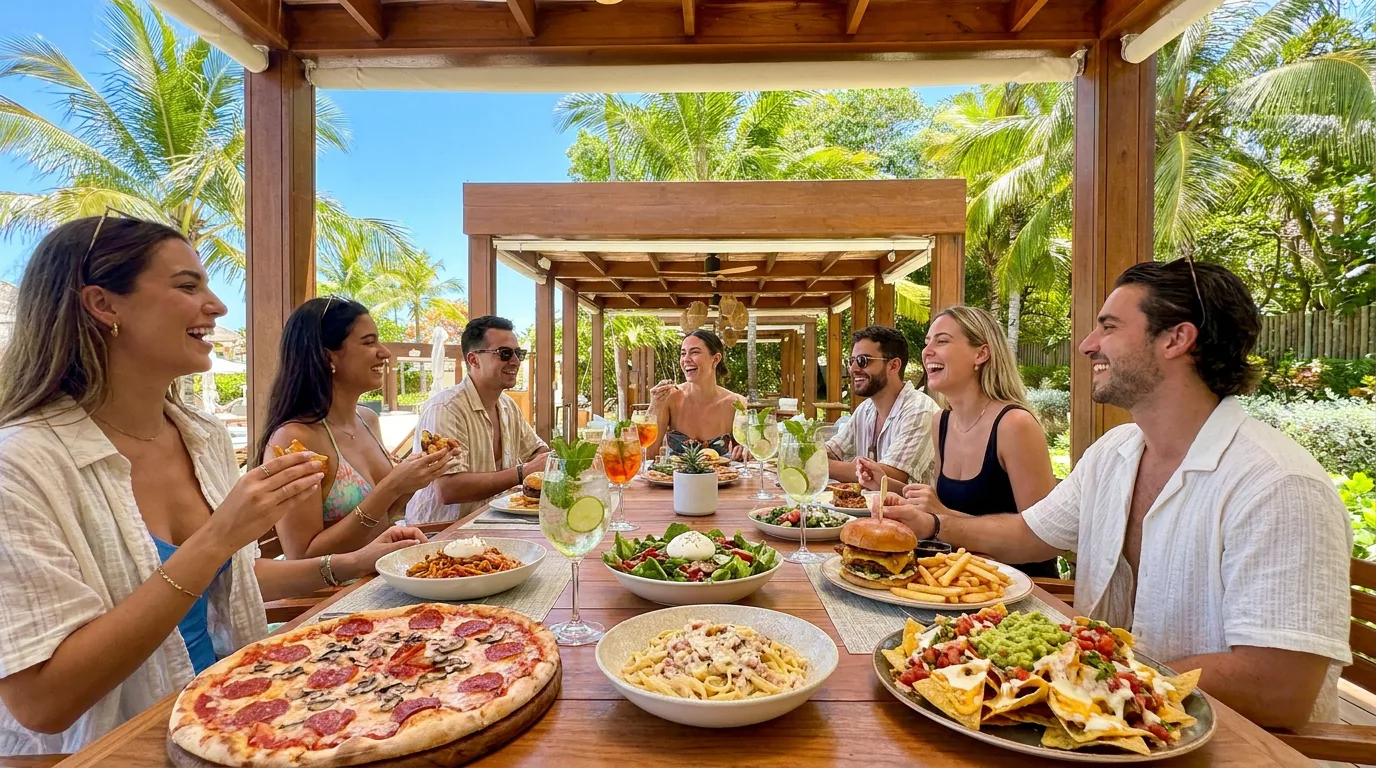 Friends gather for lunch around a wooden table beneath a pergola surrounded by palm trees in Punta Cana.