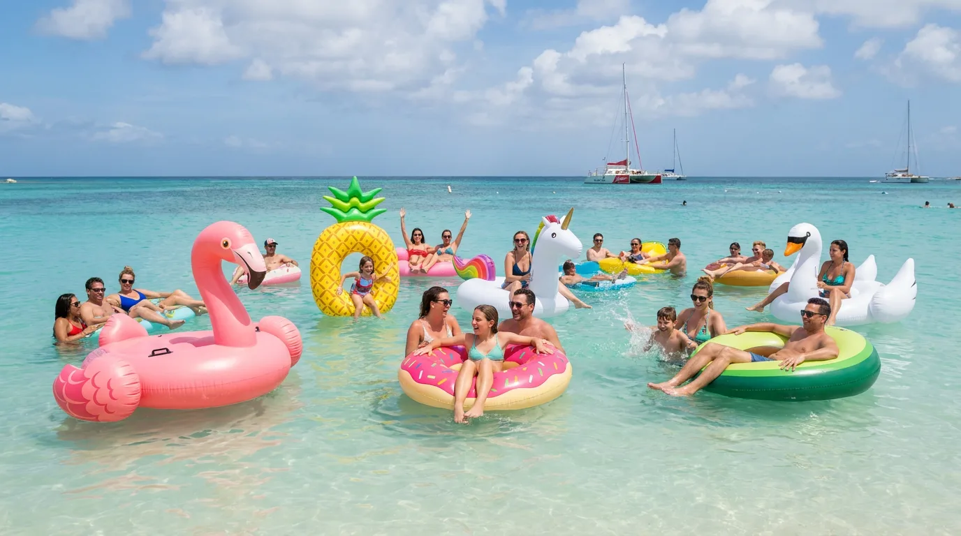 Swimmers and vacationers relax on colorful novelty floats in the clear turquoise ocean waters of Aruba.