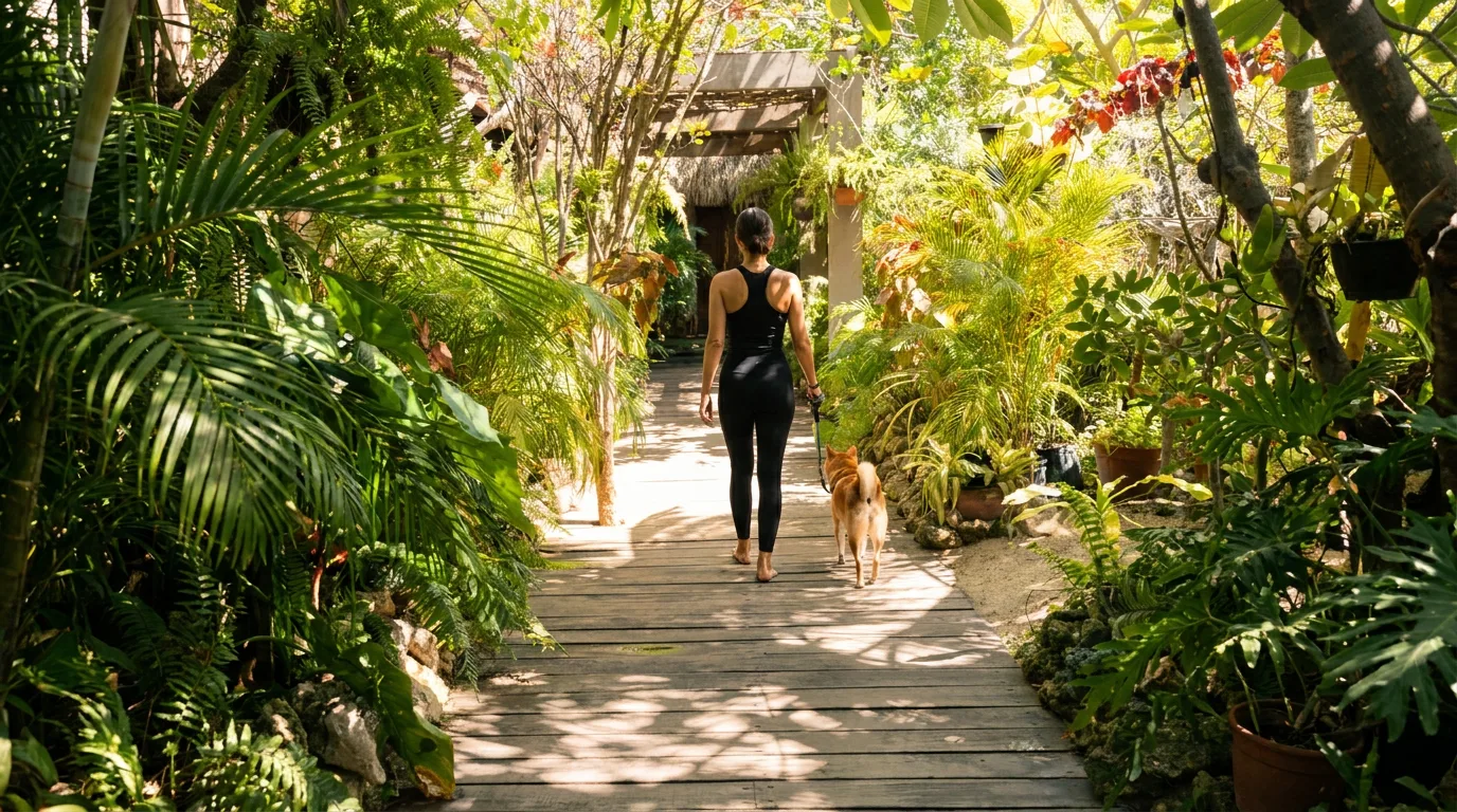 A woman walks her dog along a sunlit wooden pathway framed by lush tropical plants and palms.