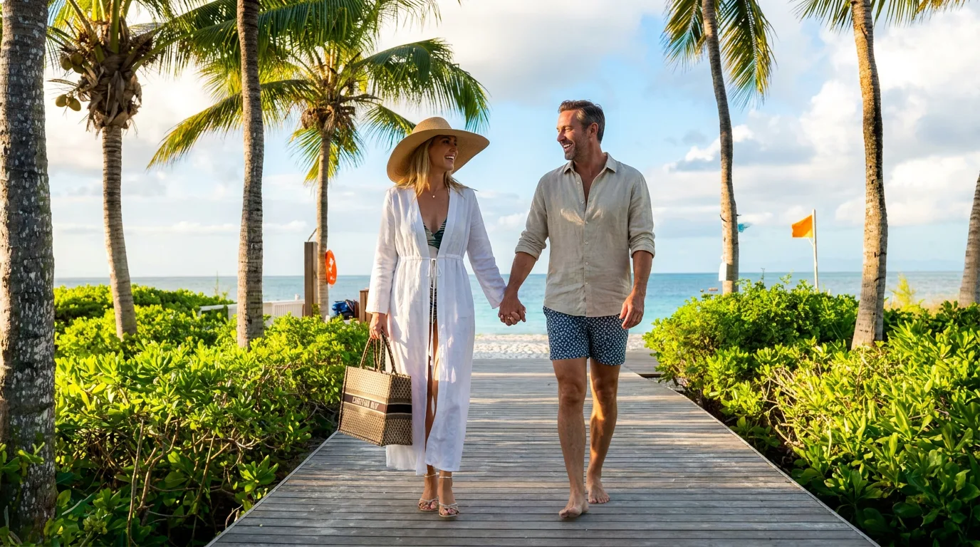 A smiling couple in resort wear walks hand-in-hand along a wooden boardwalk toward a tropical beach in Turks and Caicos.
