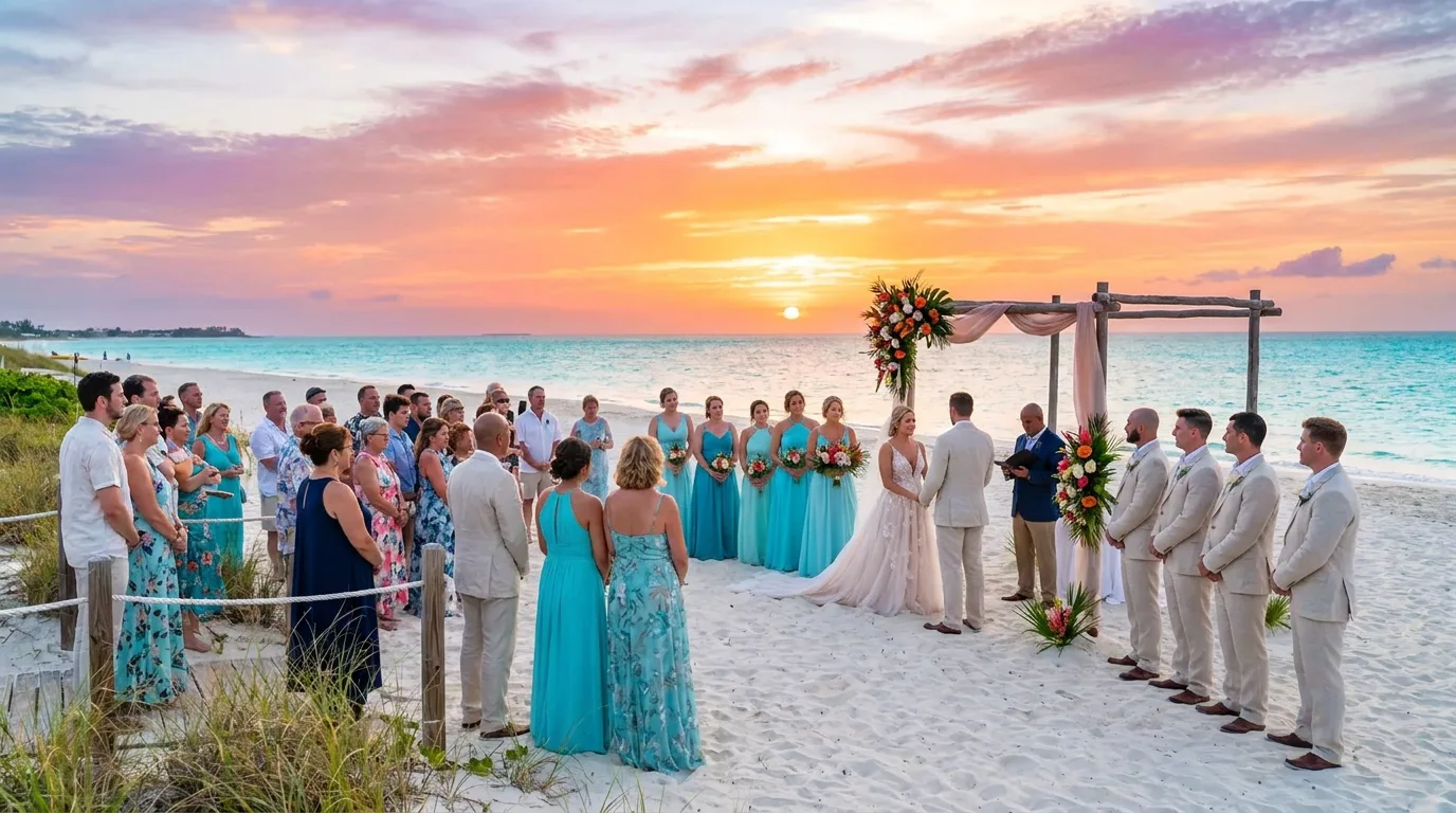 A bride and groom exchange vows under a floral arch during a sunset beach wedding ceremony in Turks and Caicos.