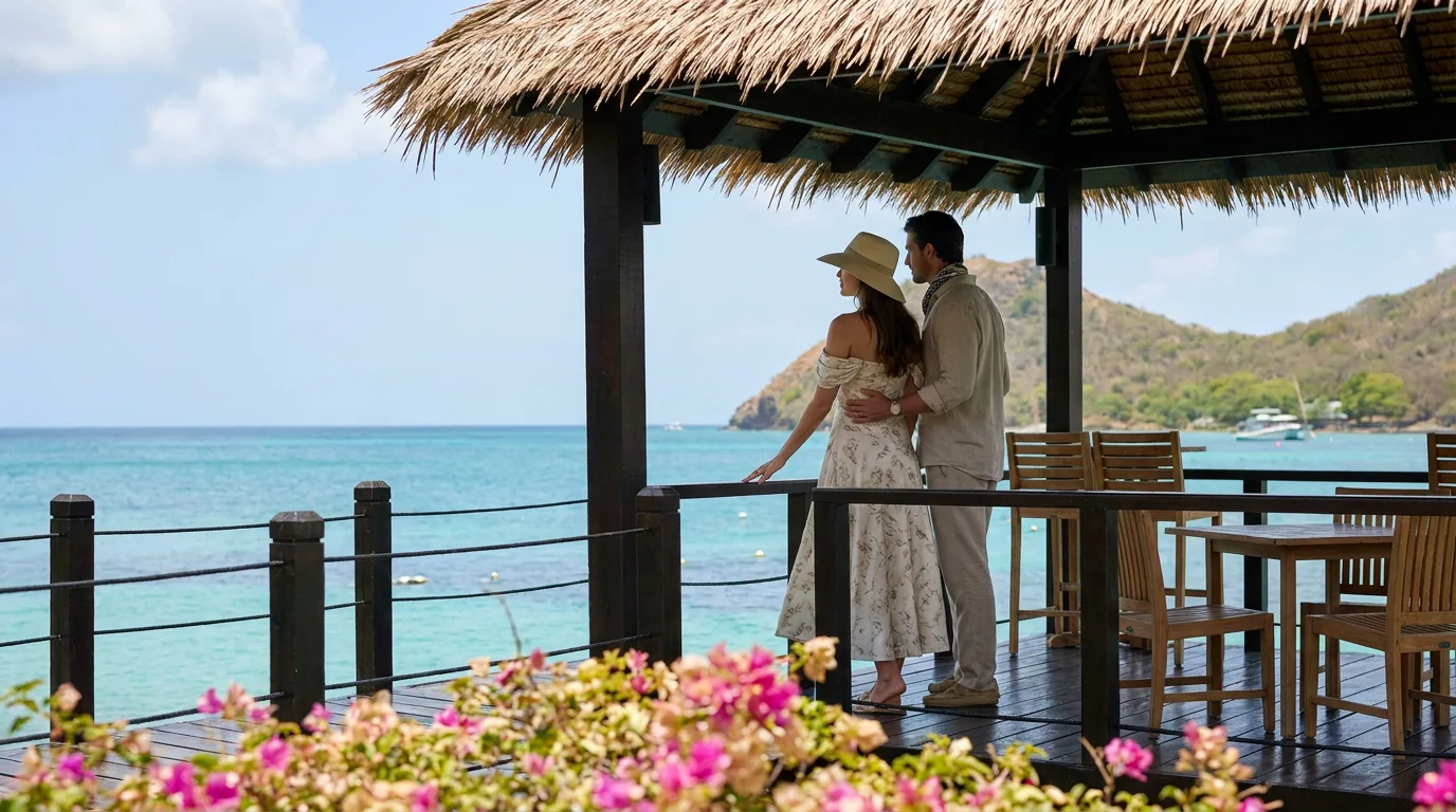 A couple stands under a thatched oceanfront gazebo, looking out over turquoise waters and coastal hills in Saint Lucia.