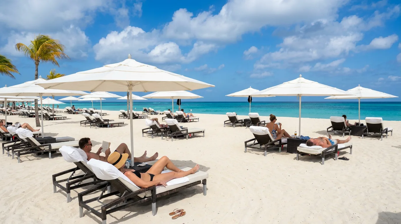 Sunbathers relax on cushioned lounge chairs beneath white umbrellas along a white-sand beach overlooking turquoise waters in Aruba.